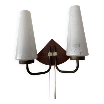 Art deco opaline, wood and brass 2 armed wall light