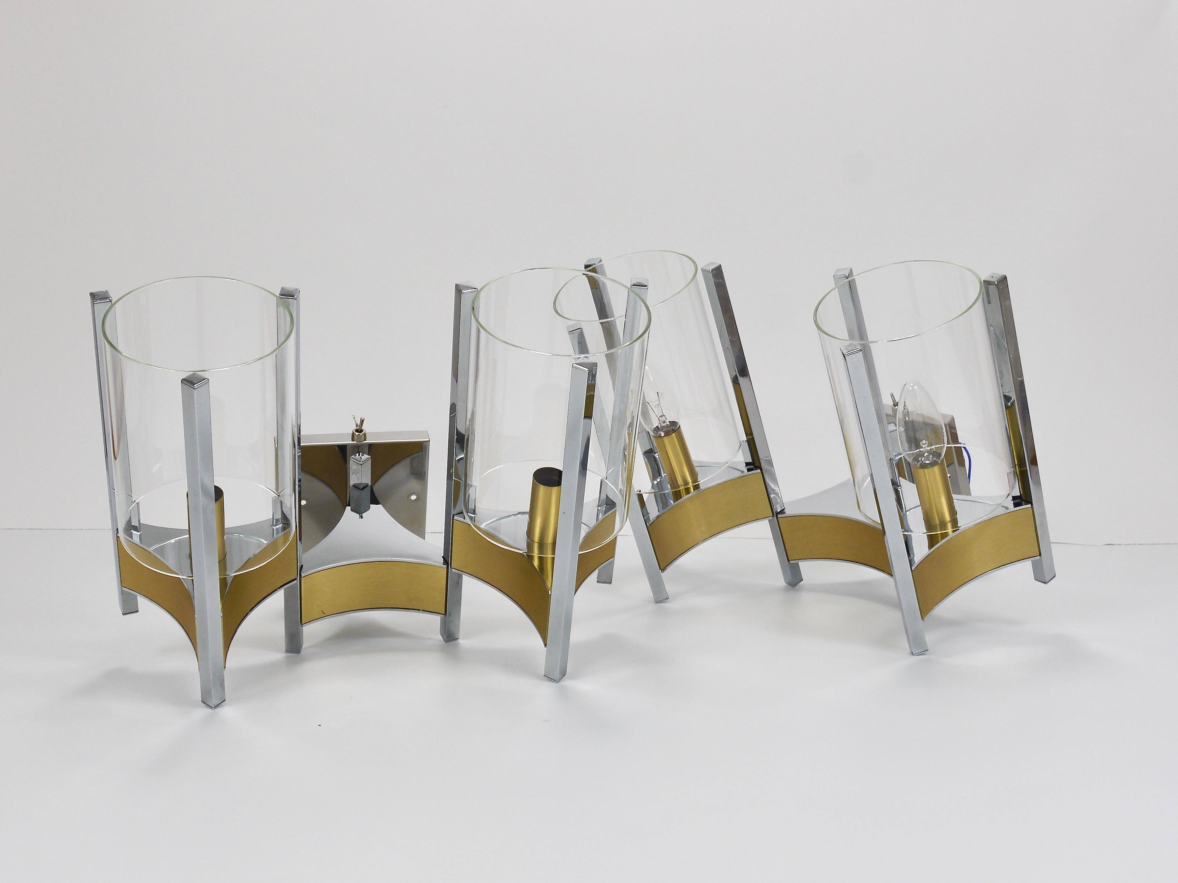 Gaetano Sciolari Large Wall Sconces / Sconces, Chrome, Brass, Glass, 1970s