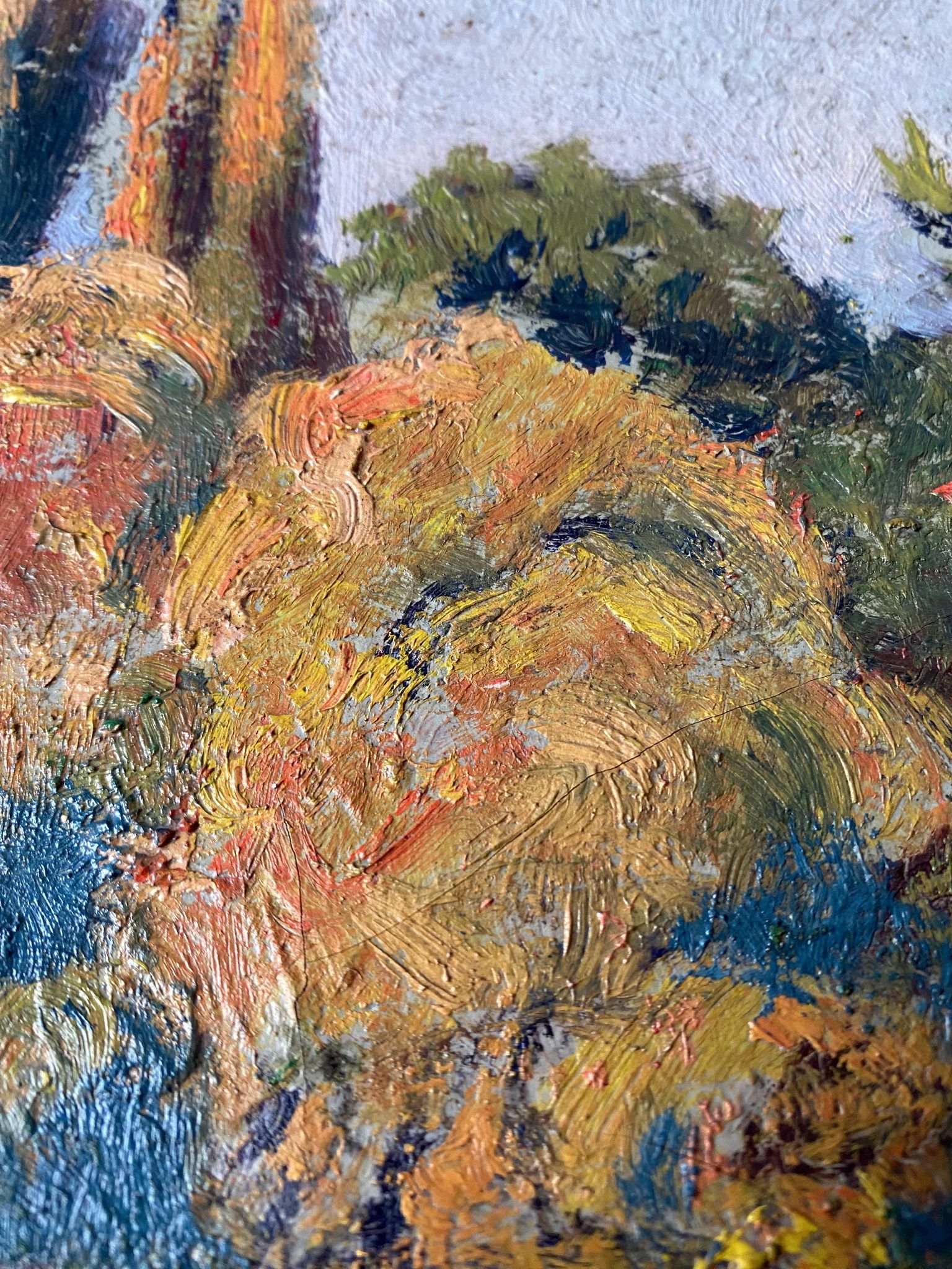 Tableau HST "Maison rouge en bord de rivière" signé C. Normand début XX°