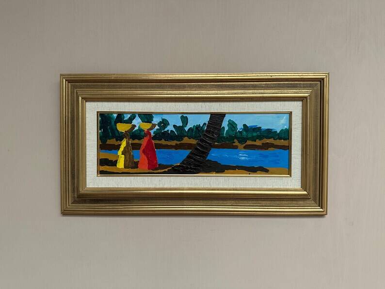 Original Swedish Oil on Panel – "Female Figures by a Stream", attributed to Lars Norrman – Signed – Vintage and Framed – 38 × 74 cm (15 × 29.1 inches)