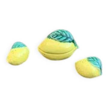Salt and mustard pots, ceramic lemons, barbotine Vallauris.