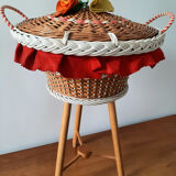Vintage rattan worker, old wicker sewing basket, box