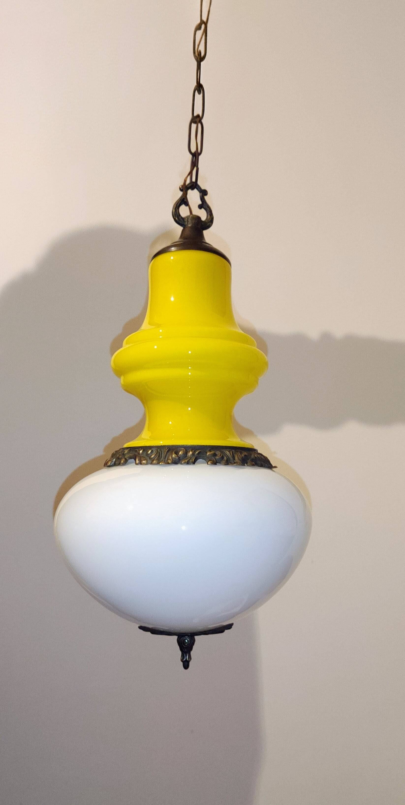 Opaline glass and brass suspension, Italy, 1960s.