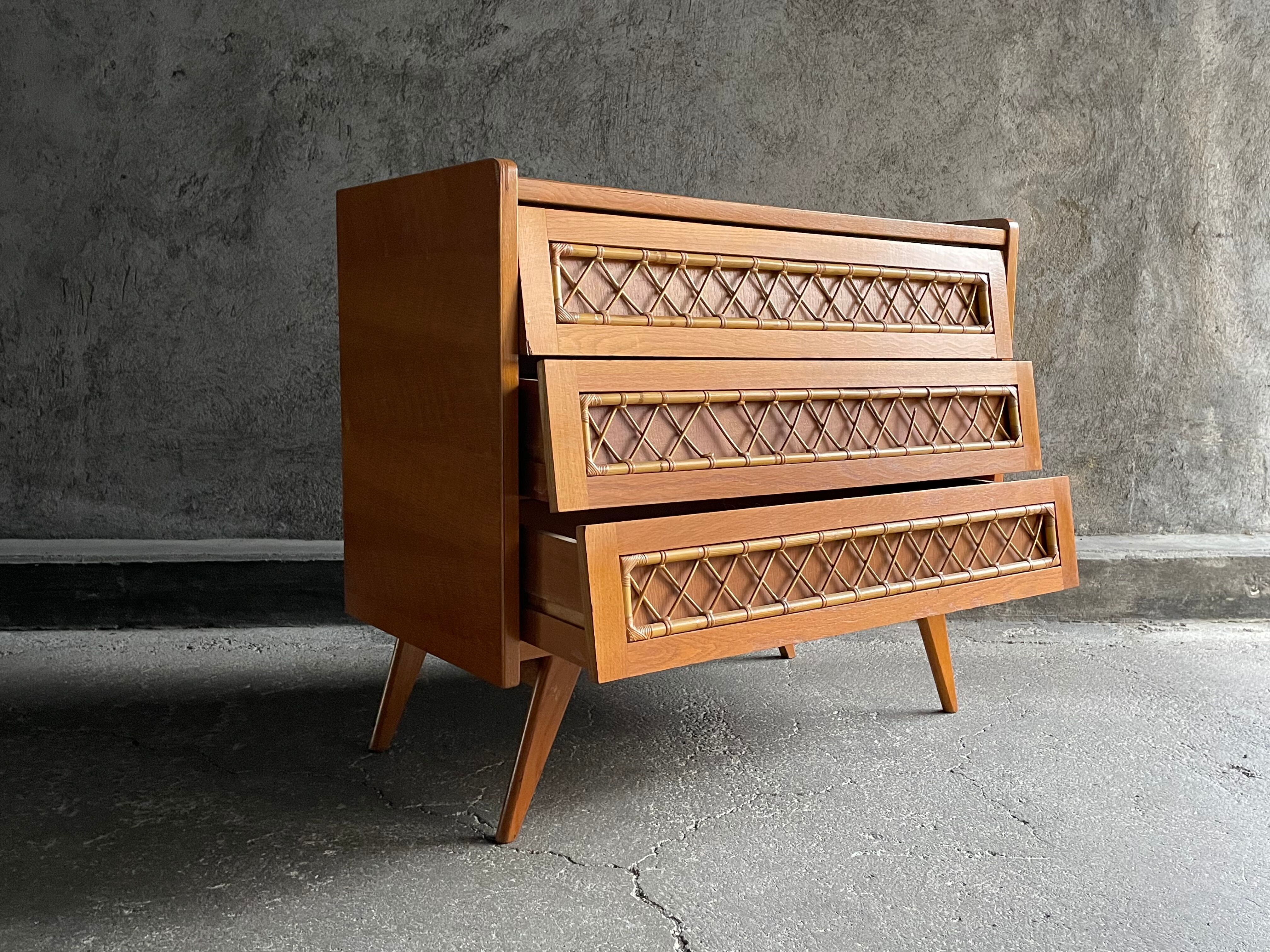 3-drawer chest of drawers with rattan decorations, France 1970s