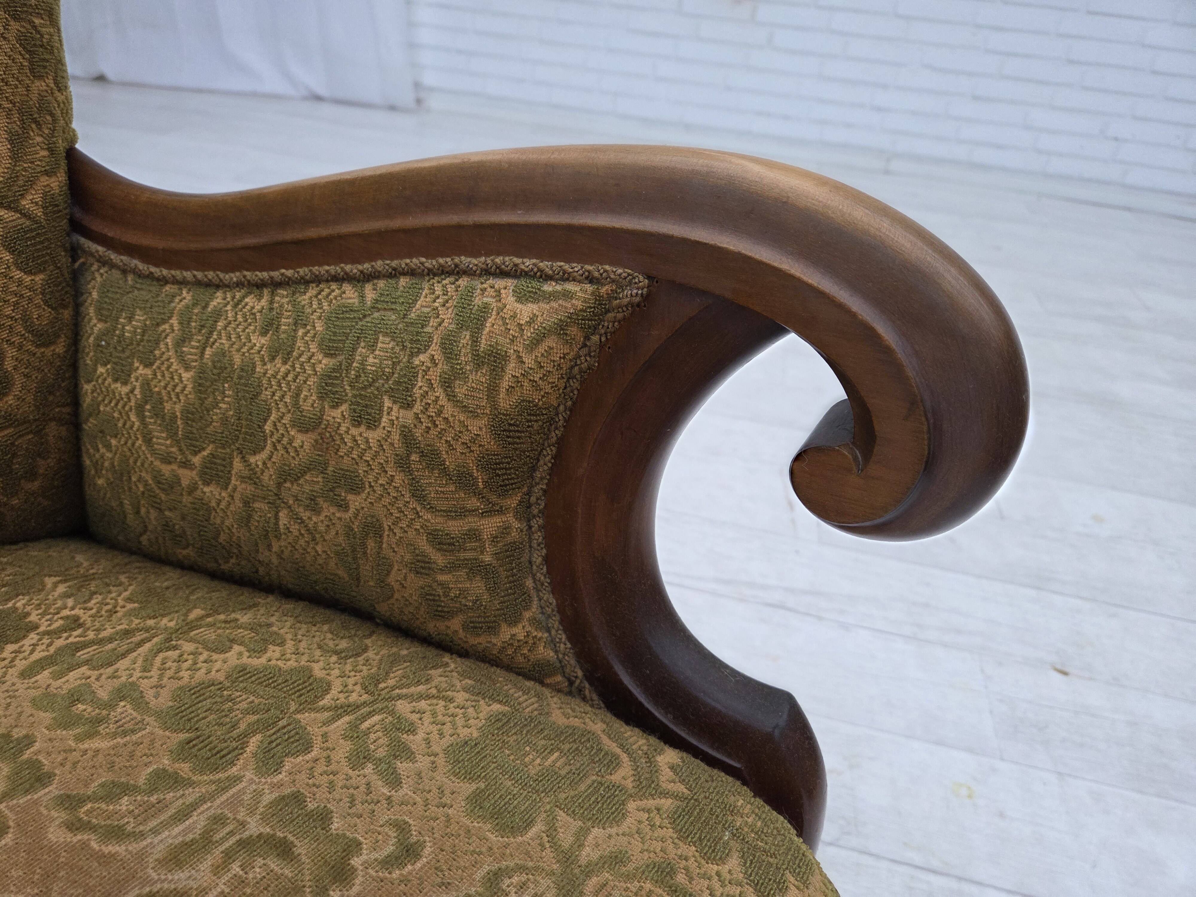 1950s, Danish armchair, furniture wool, hand carved oak wood.