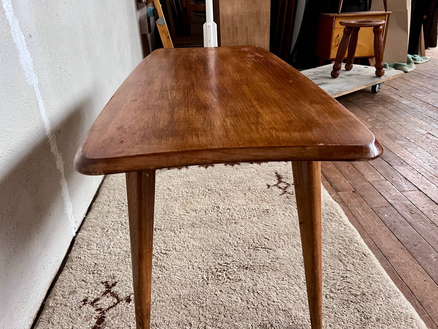 Oak coffee table, foot, compass. rockets. free form vintage old