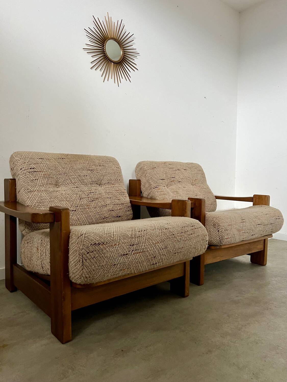 Lot of 2 solid elm armchairs, Maison Regain design, 70s vintage