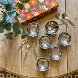 Vintage ice cream service, stainless steel cups and spoons