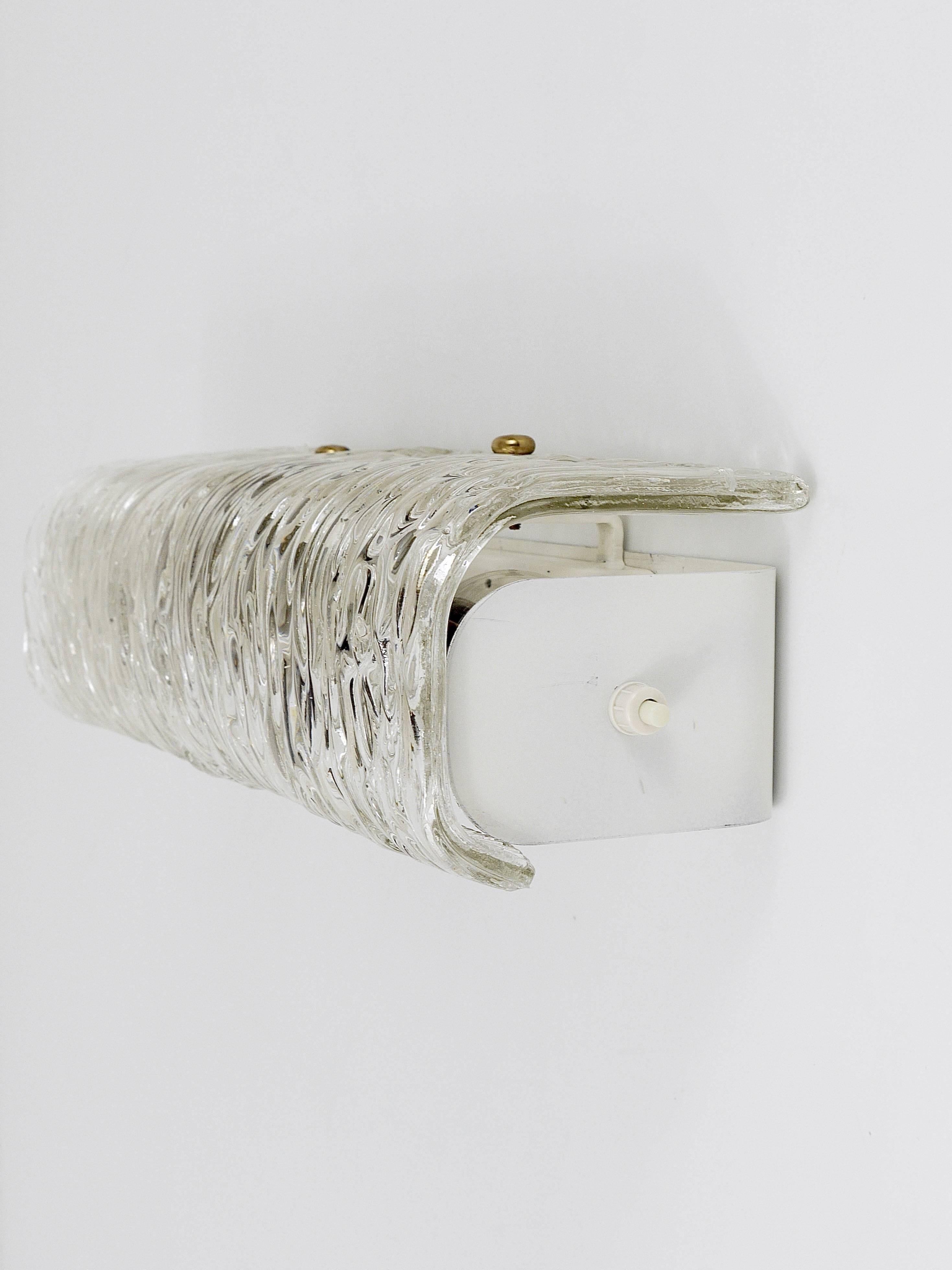 Wall-mounted mirror sconce by J.T. Kalmar, brass and textured glass, Austria, 1950s.