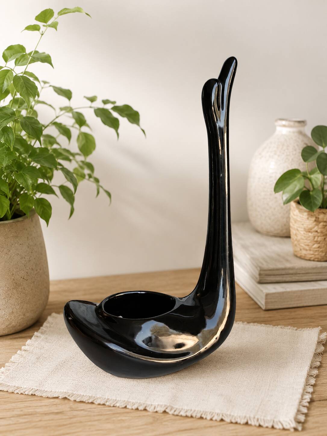 Vintage black ceramic swan planter – 1960s