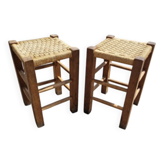 Set of 2 vintage wooden and rope stools