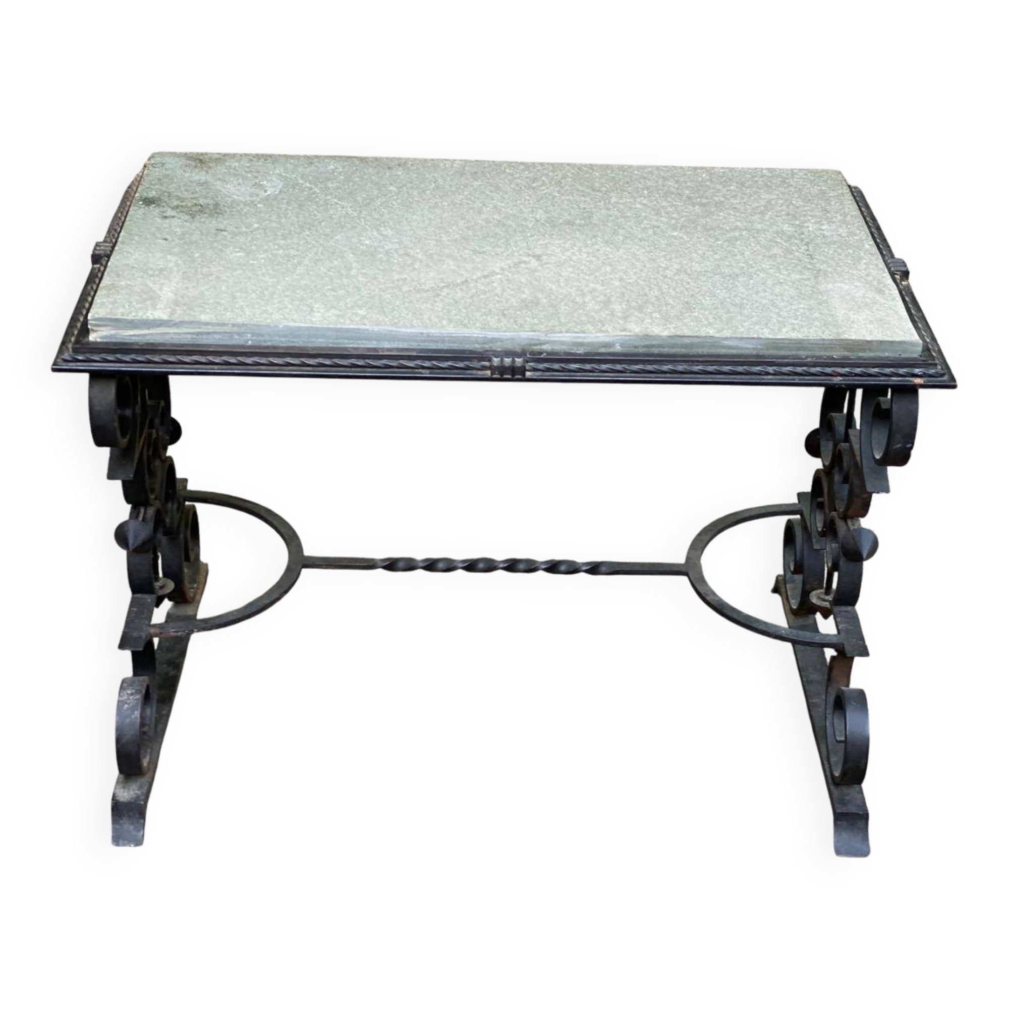 Table basse vintage fer forgé et marbre gris 80x50