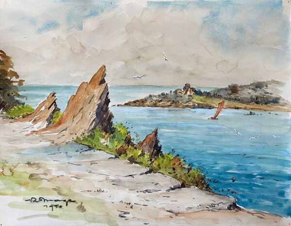 Tableau Aquarelle Bord de mer avec voilier signé daté de 1950 Pays Basque