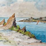 Tableau Aquarelle Bord de mer avec voilier signé daté de 1950 Pays Basque