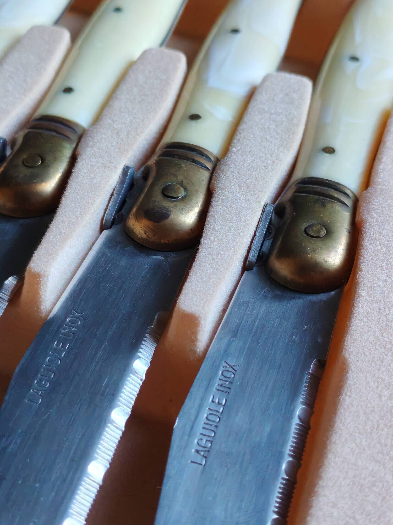 Vintage Box 6 Laguiole Table Knives Ivory Handles Gold Bolsters