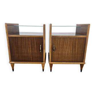 Paire de tables de nuit des années 50 avec plateau miroir