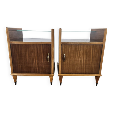Paire de tables de nuit des années 50 avec plateau miroir