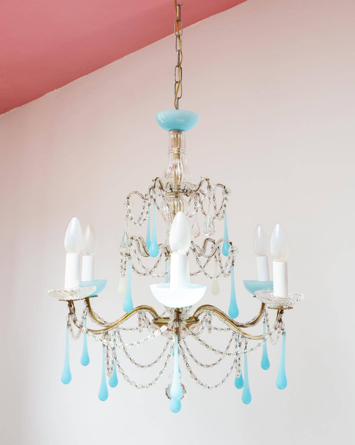 Italian chandelier with 6 arms in blue opaline glass (55 cm)