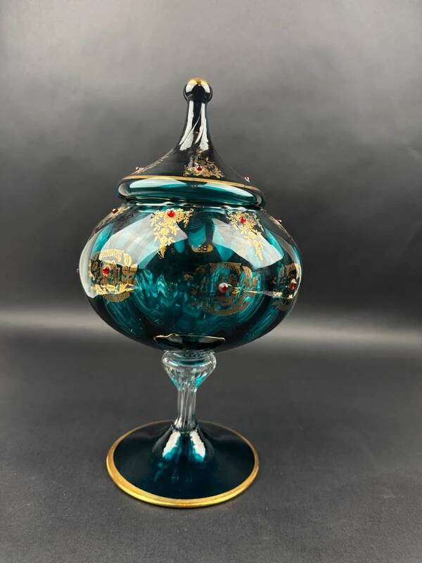 Decorative bowl in blue enamelled and gilded glass, red cabochons – height 32 cm