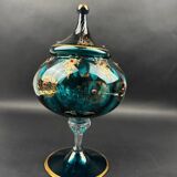 Decorative bowl in blue enamelled and gilded glass, red cabochons – height 32 cm