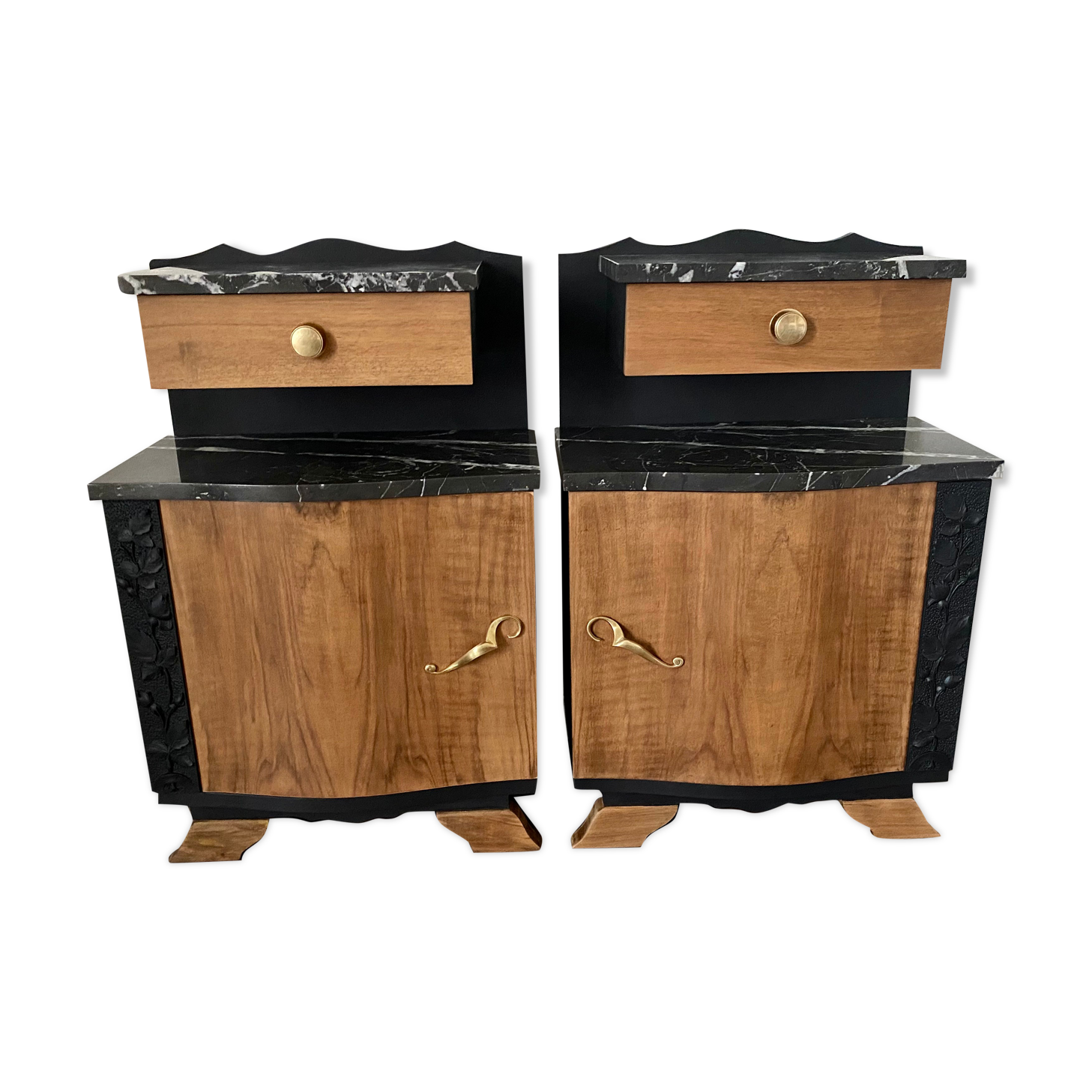 Paire de chevets Art Deco noir et bois