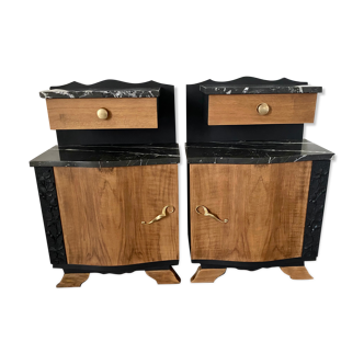 Paire de chevets Art Deco noir et bois