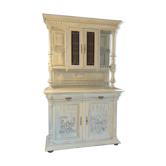 Old buffet two oak bodies, patinated, high part glass yellow and red (colored leaded light)