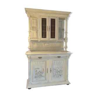 Old buffet two oak bodies, patinated, high part glass yellow and red (colored leaded light)