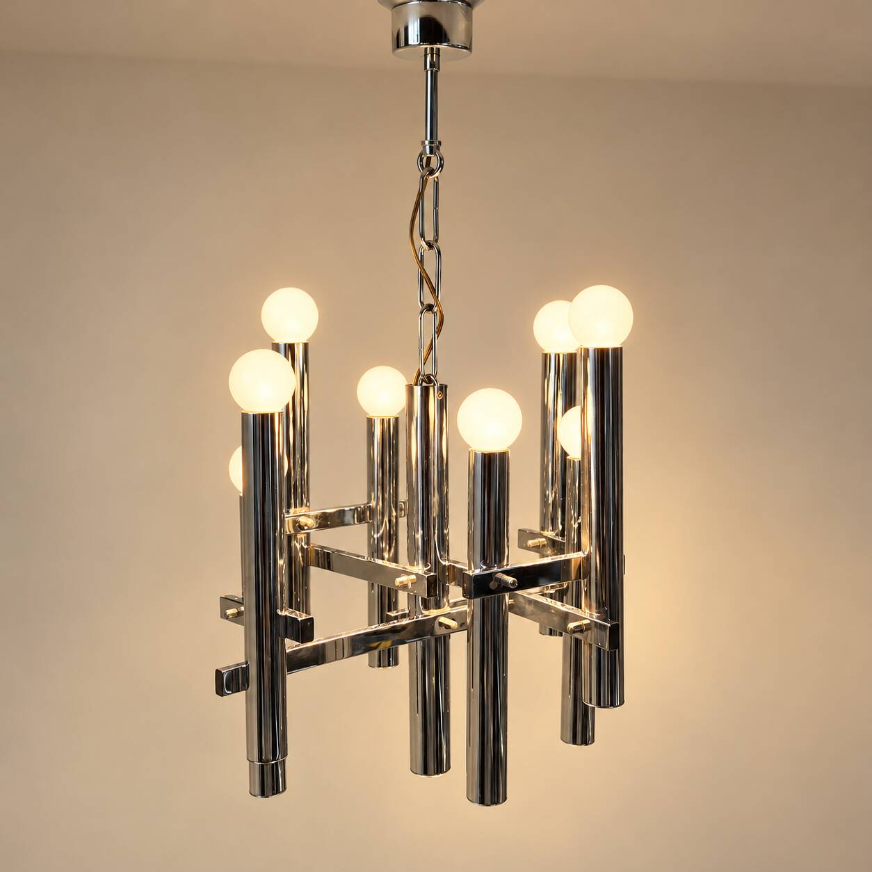 Vintage Sciolari chrome chandelier, 8 lights, 1970s