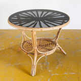 Vintage side table in rattan and smoked glass, France 1970