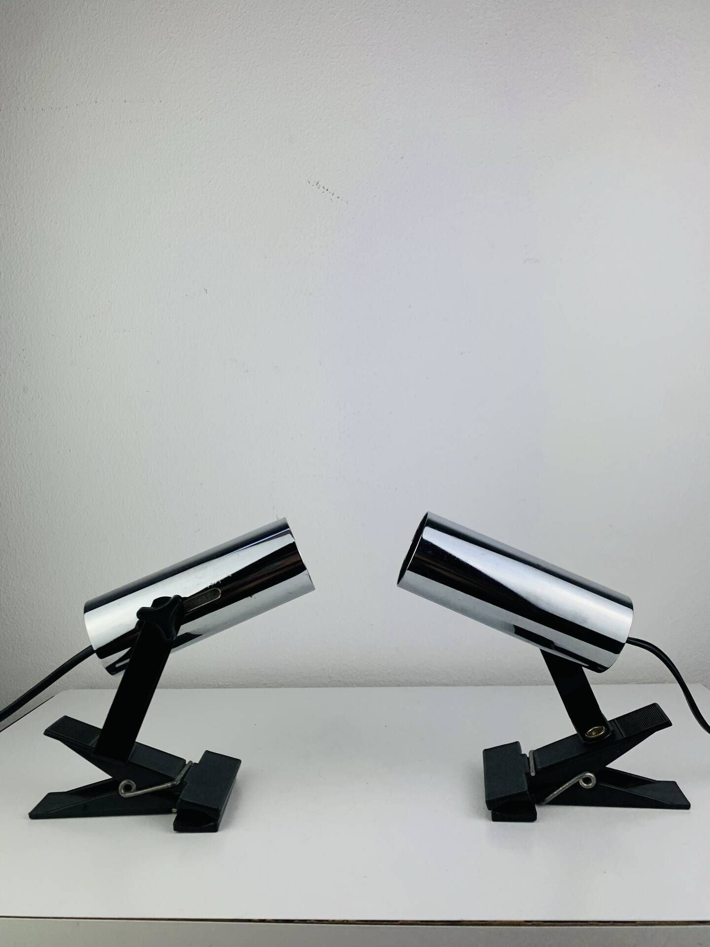 Pair of chrome clip-on spotlights, 1970s