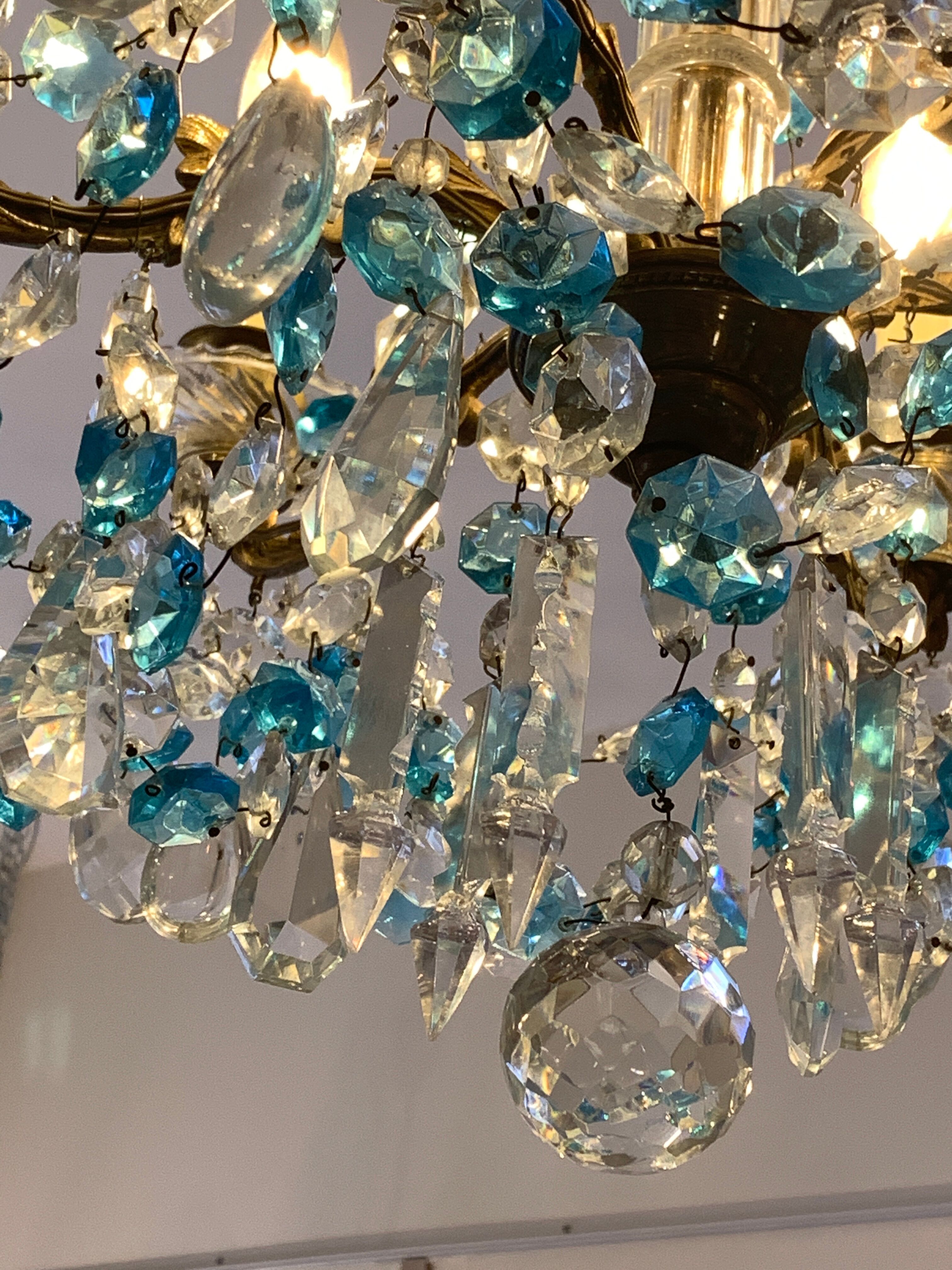 Chandelier with blue crystal pimples, 6 lights, Baccarat, 1950, art nouveau style
