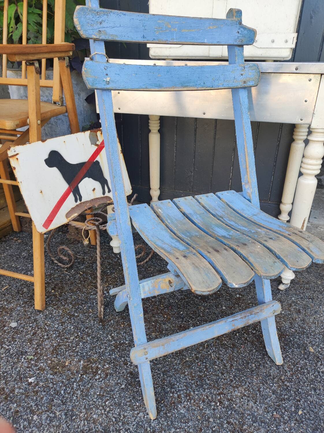 Vintage blue garden chair, wooden and folding