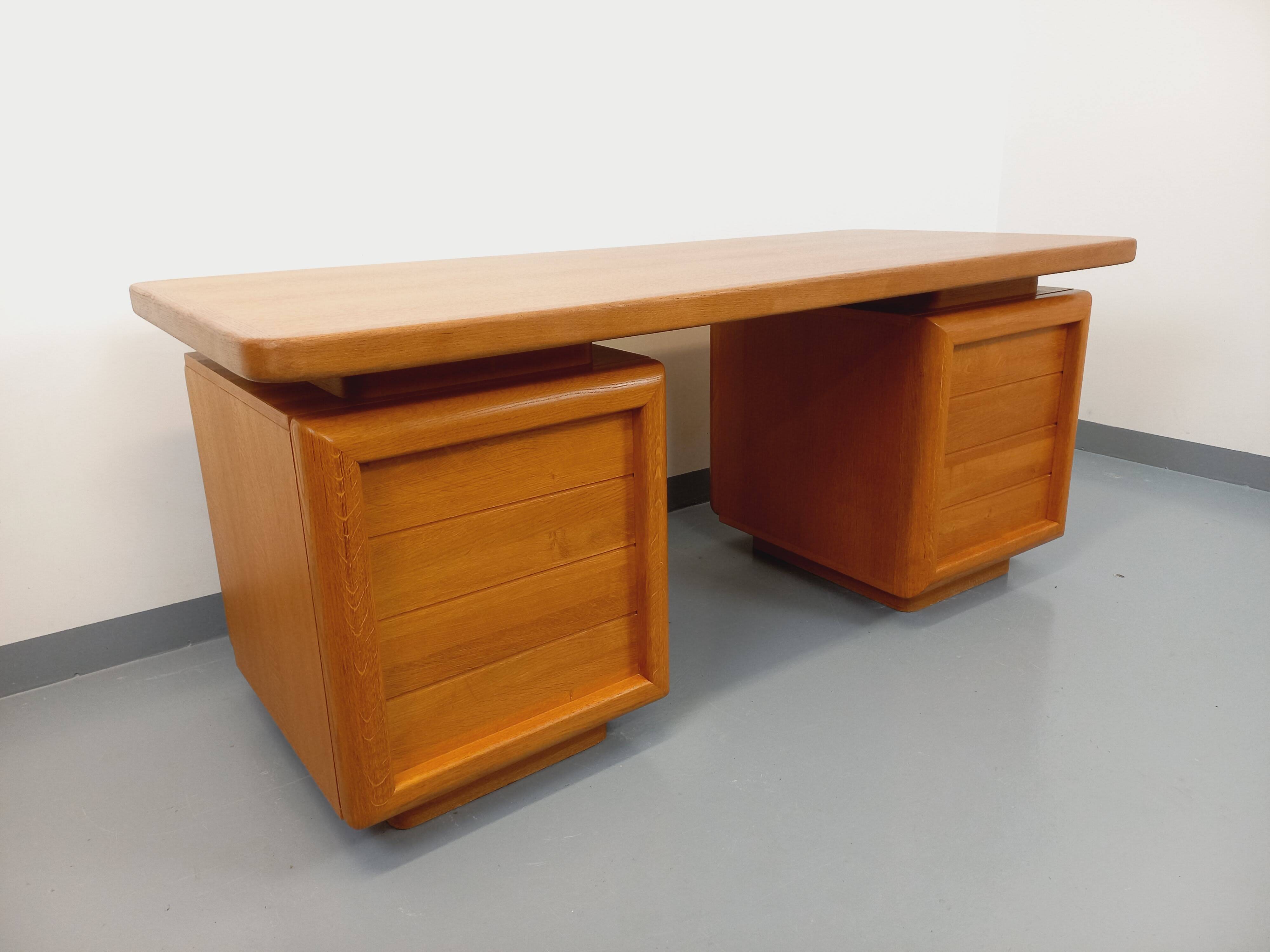 Large vintage double-sided executive desk in oak wood from the 70s