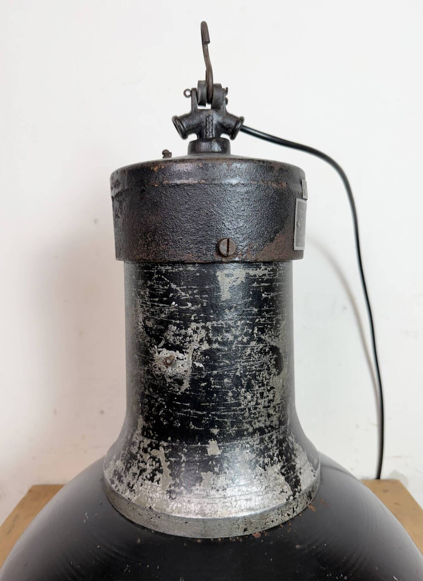Large Industrial Factory Black Pendant Lamp with Cast Iron Top, 1950s