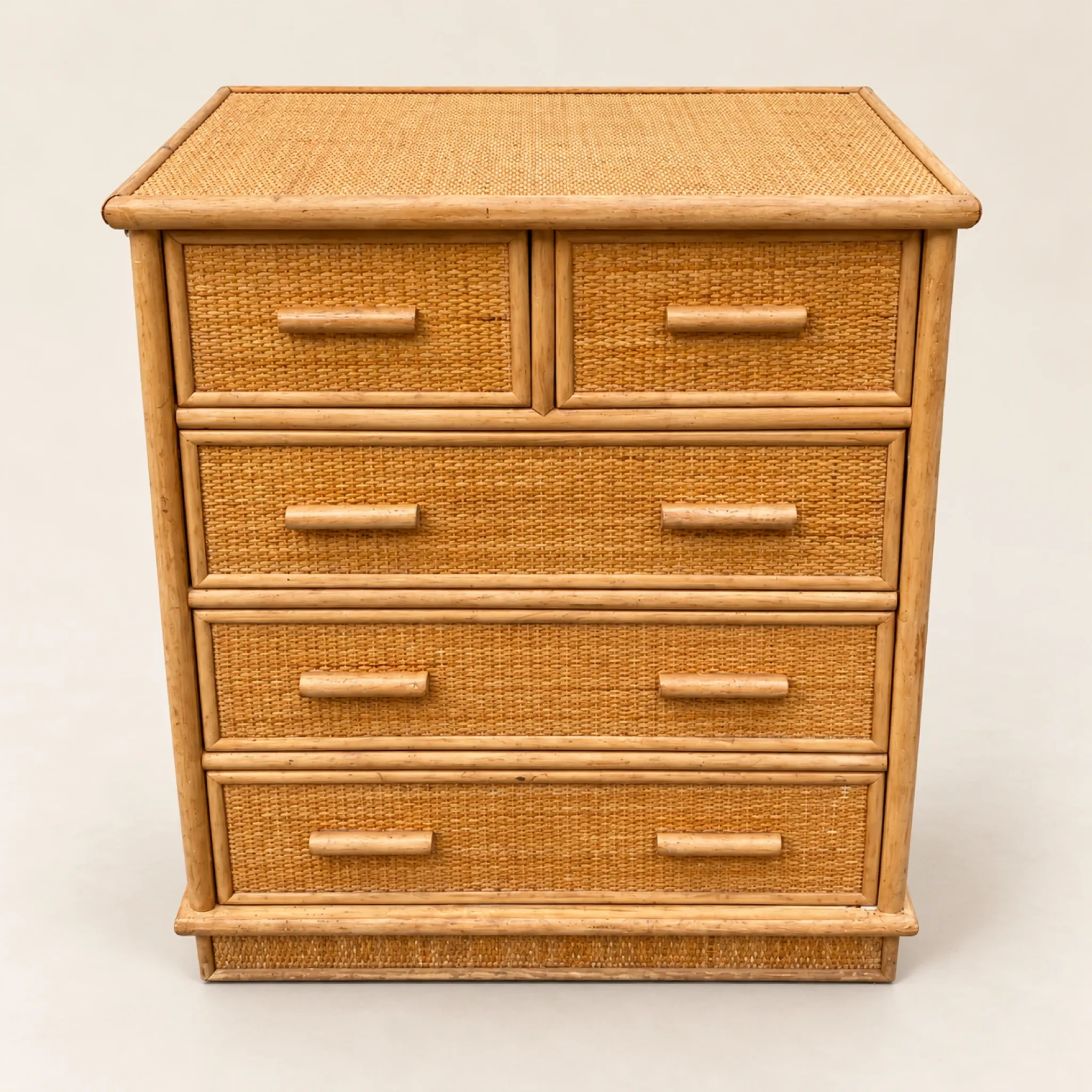 Vintage woven rattan commode with five drawers – bohemian style