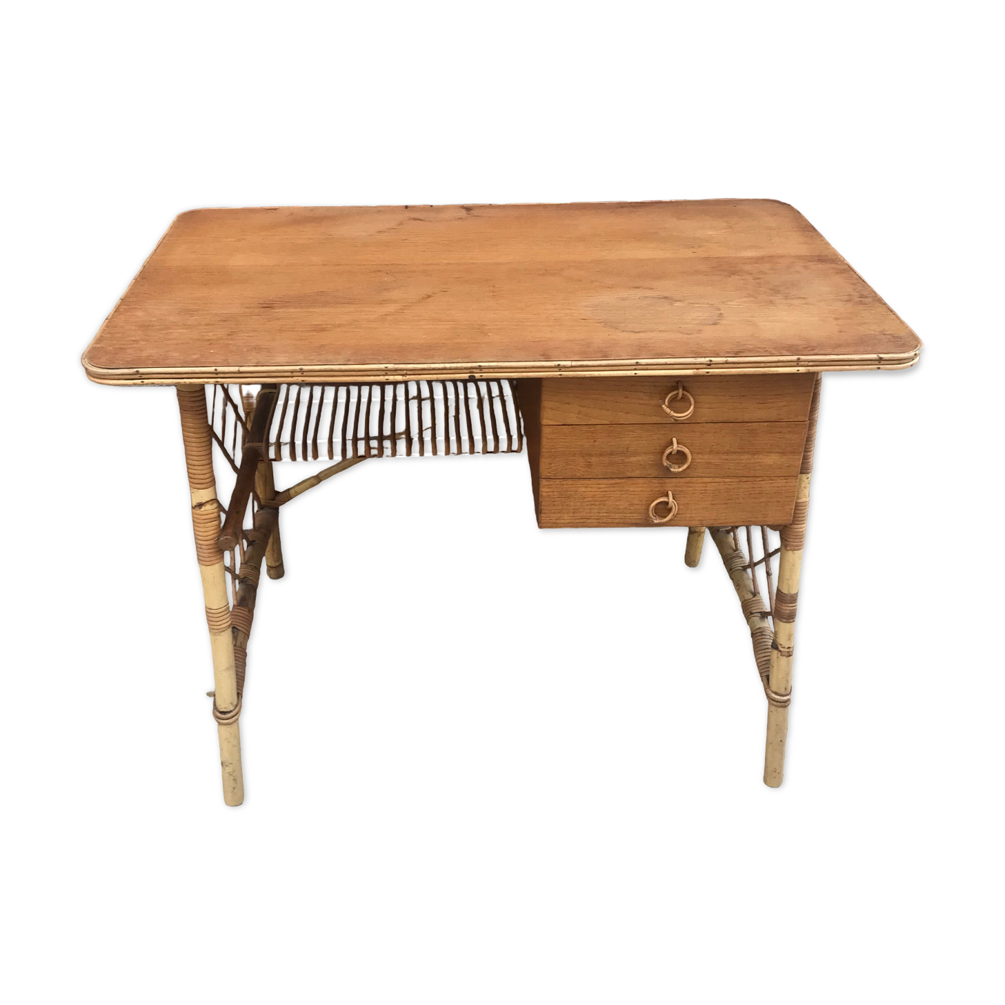 Vintage desk with 3 rattan drawers by Louis Sognot 1960