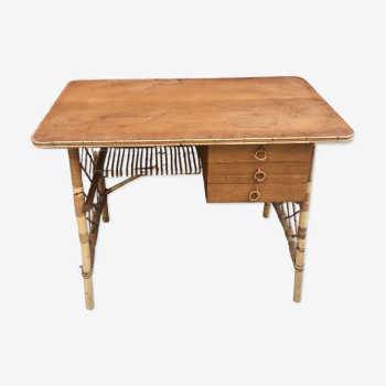 Vintage desk with 3 rattan drawers by Louis Sognot 1960