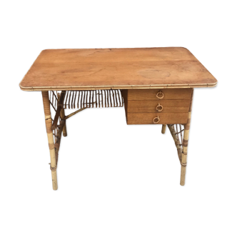 Vintage desk with 3 rattan drawers by Louis Sognot 1960