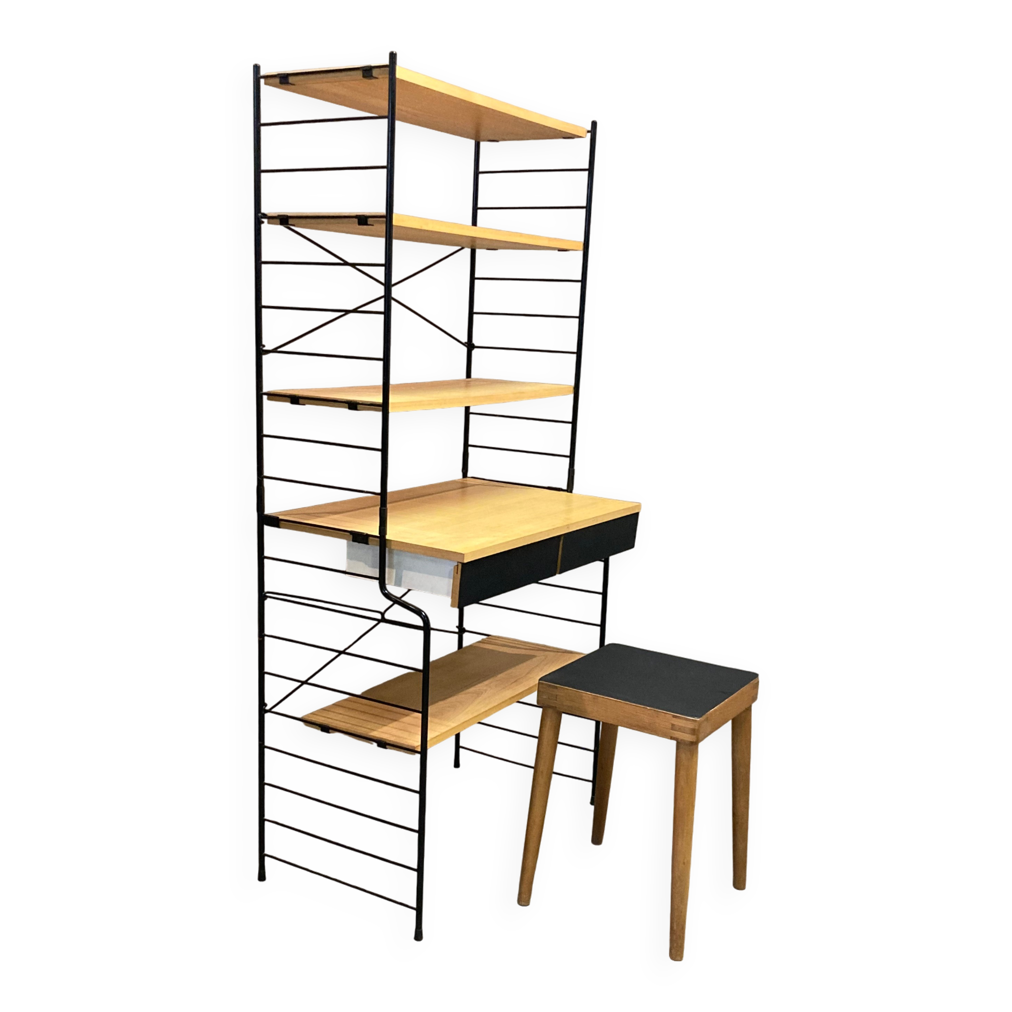 Modular bookcase and stool in black metal and beech, 1960