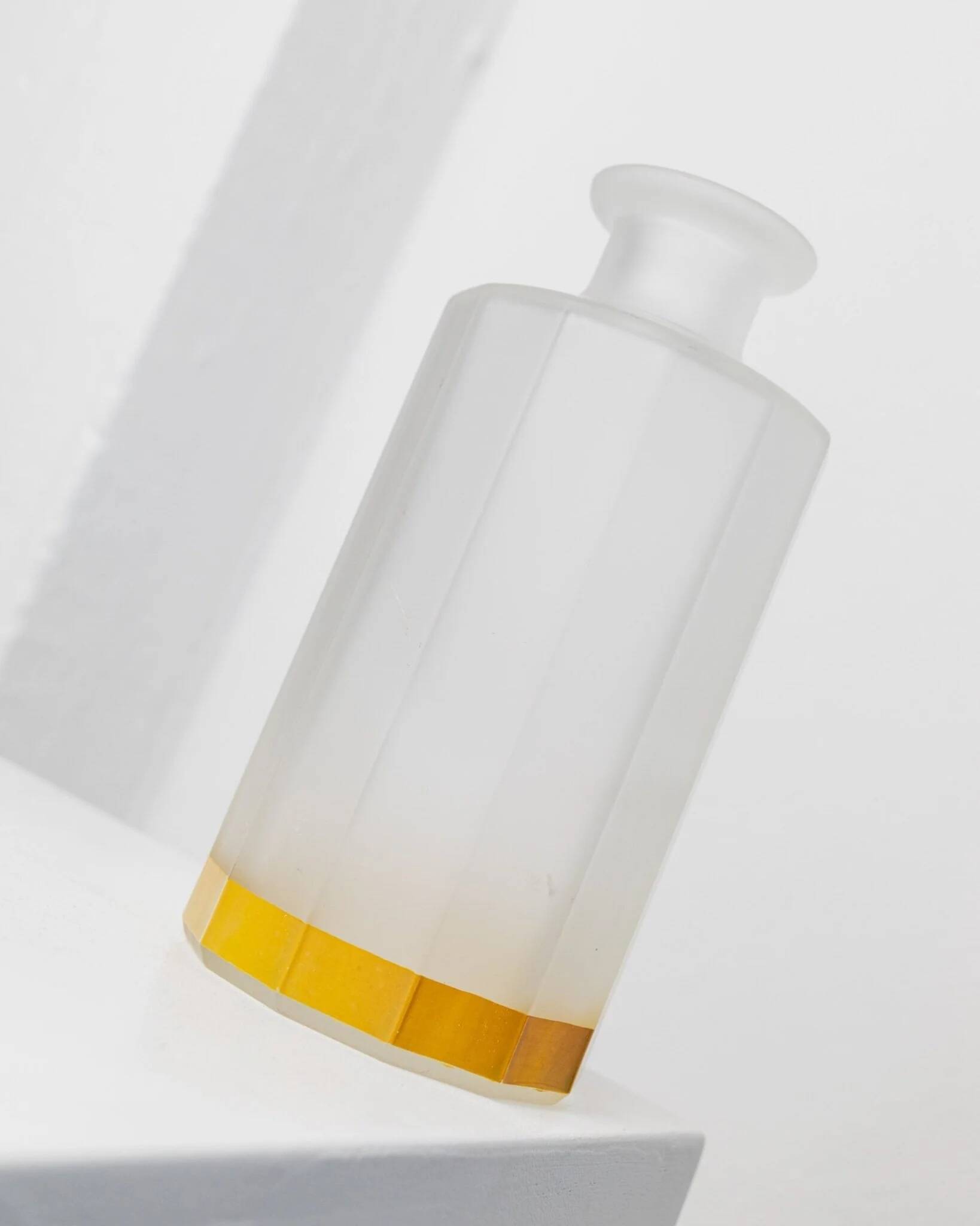 Vintage milky glass vase with yellow base, twelve-faced silhouette, Italian Bormioli, 1980s