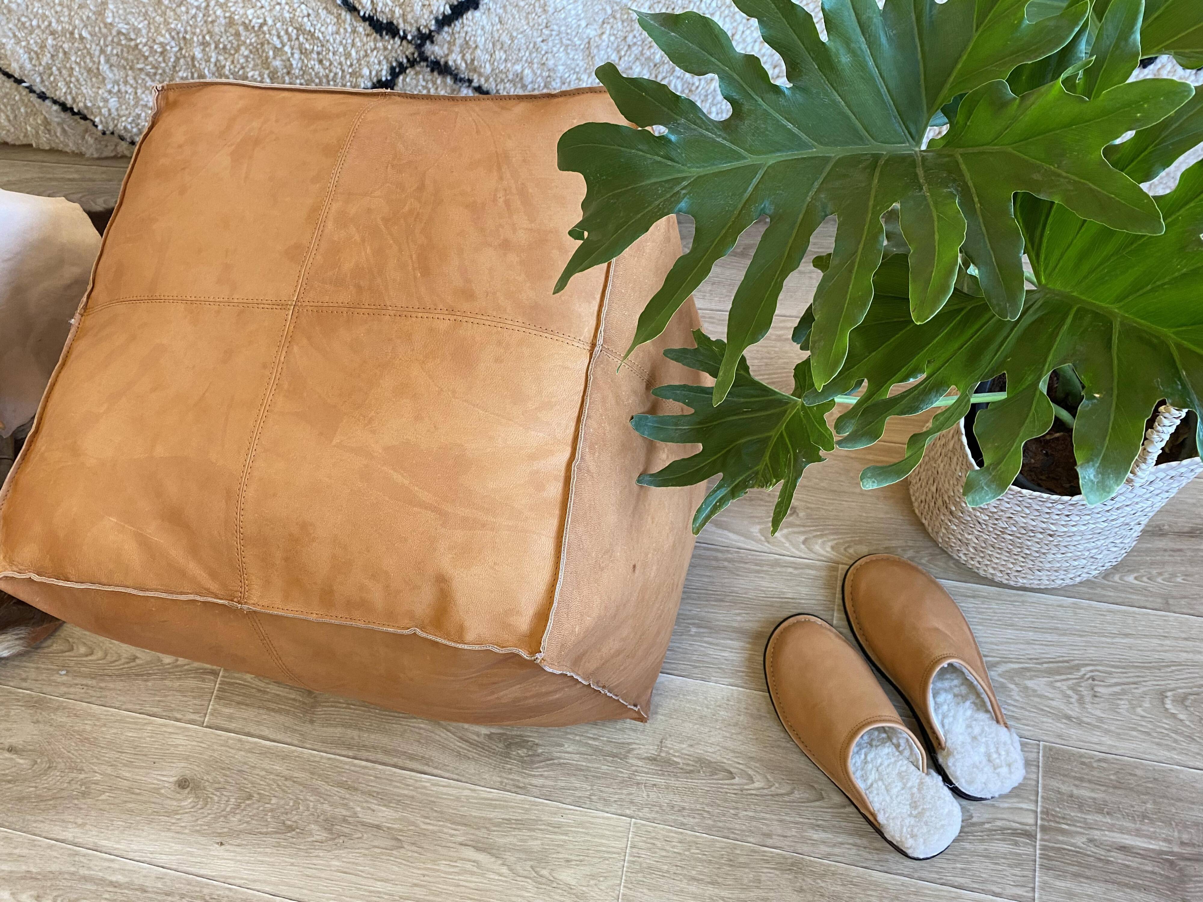 Vegan Leather Ottoman Pouf, Handmade, Cognac, Unstuffed, Moroccan Leather, Marrakech Souk