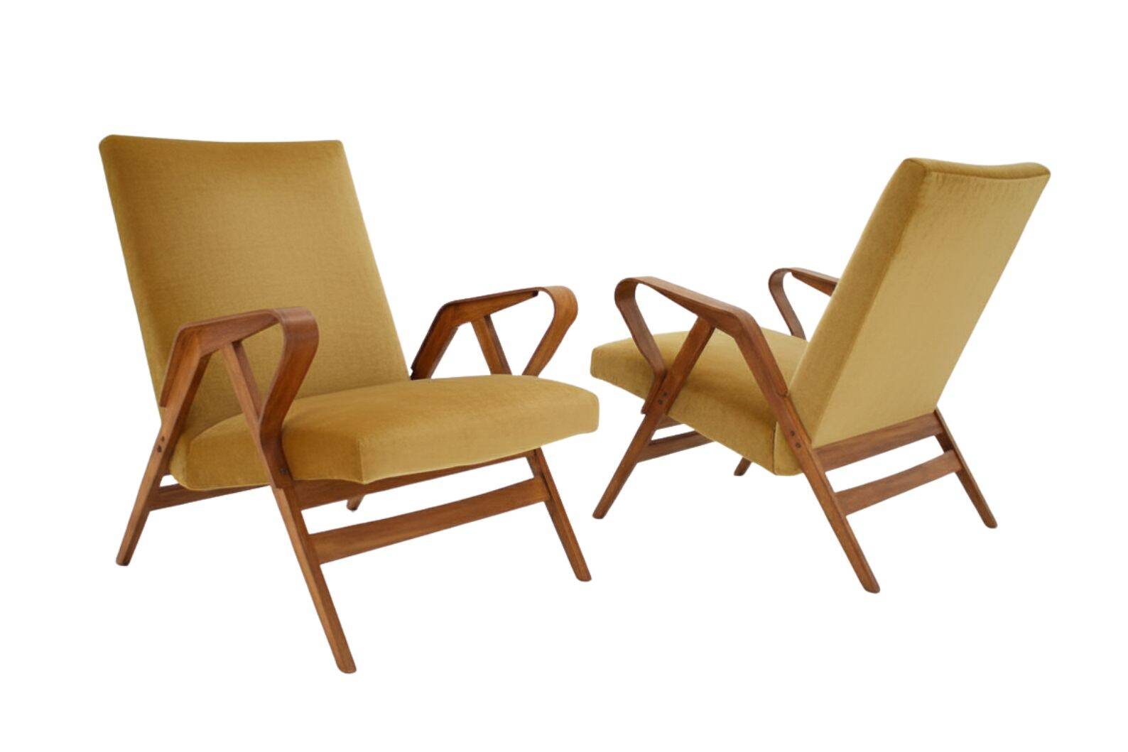 Mid-century armchairs, wooden frame & upholstered, František Jirák, 1960s–70s, Czechoslovakia