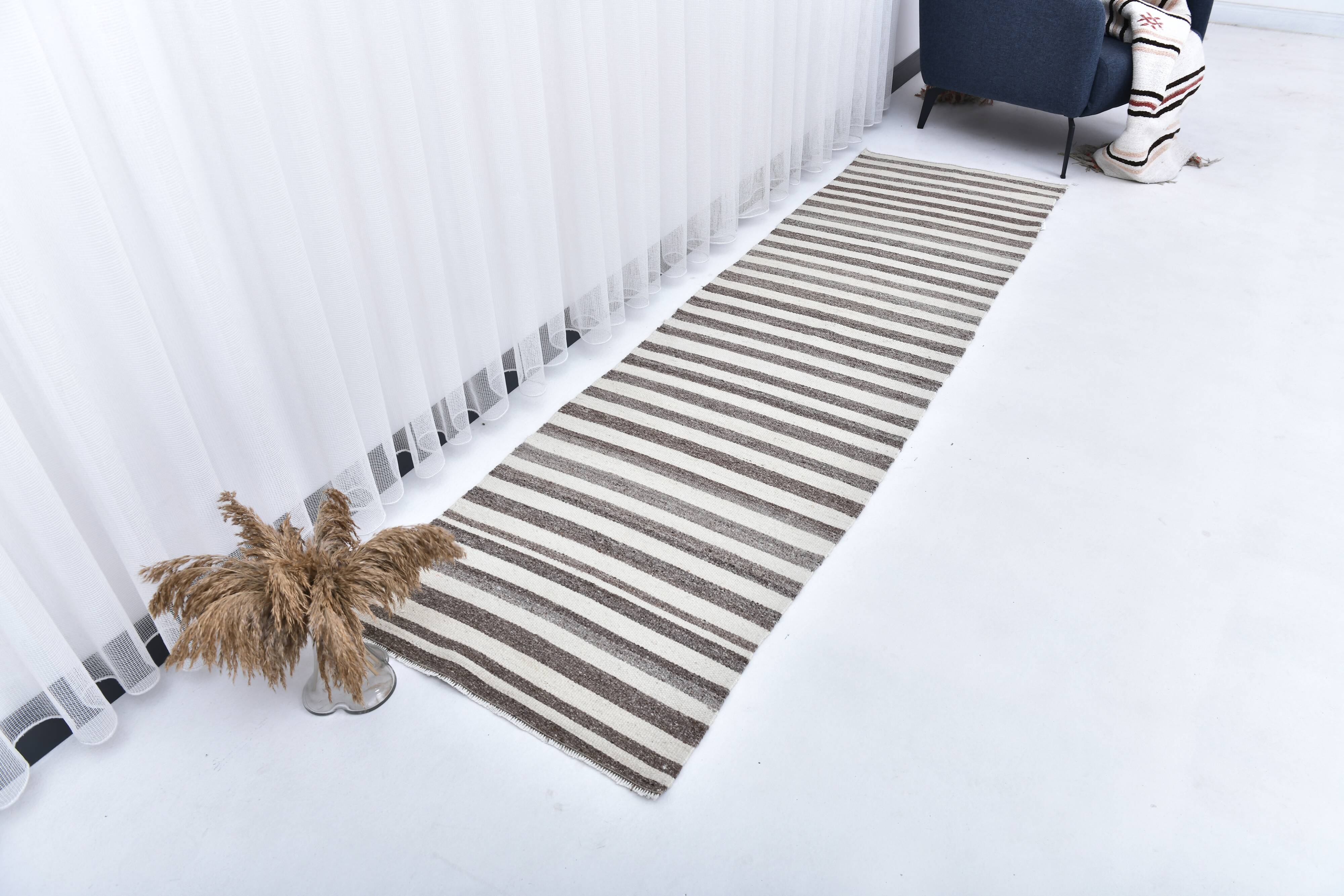 brown cream wool runner kilim , kilim for corridor  76x268 cm