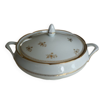 Soupière avec couvercle en porcelaine France de couleur blanche motif  décor doré