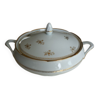 Tureen with porcelain lid France white pattern golden decoration