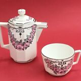 Selfish teapot and cup art deco porcelain from limoges astral roses pink & gray