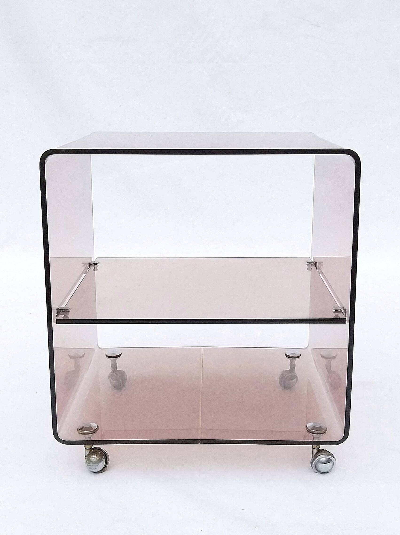 Michel Dumas smoked plexiglass rolling trolley for Roche Bobois 1970