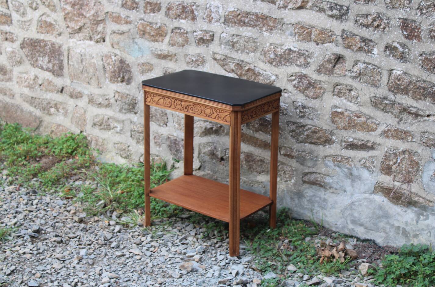 Art deco engraved wood side table