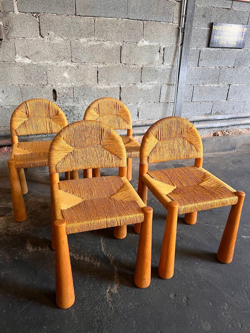 4 Toscanolla chairs in wicker and solid pine by alessandro becchi for giovanetti - italy - 1970